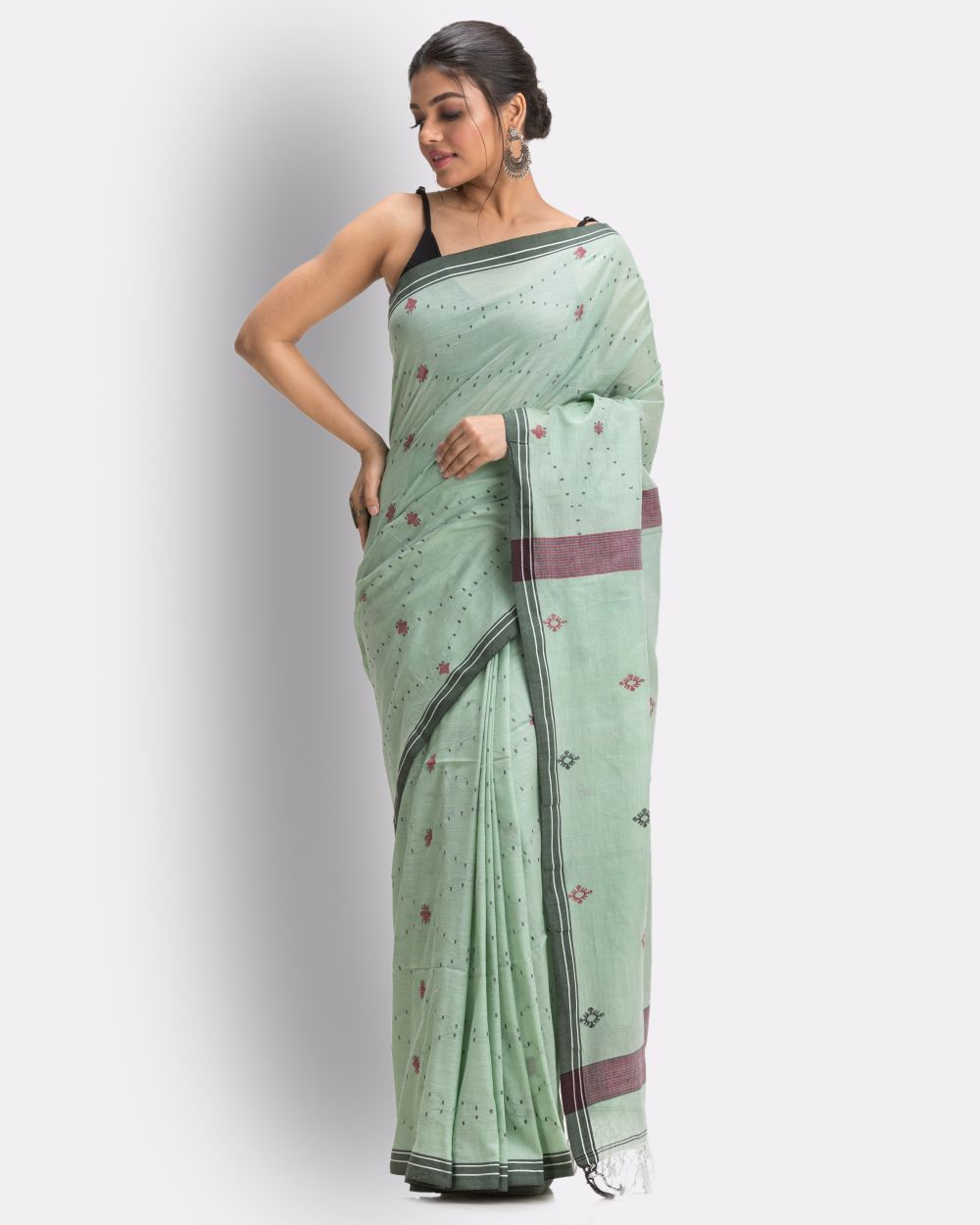Light green celadon green handwoven cotton jamdani saree