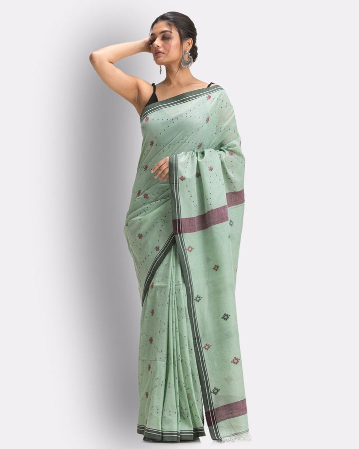 Light green celadon green handwoven cotton jamdani saree