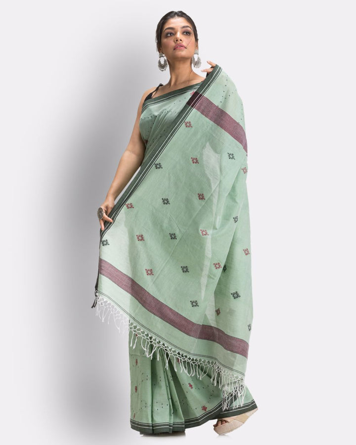 Light green celadon green handwoven cotton jamdani saree