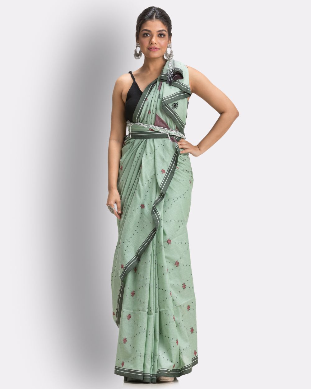 Light green celadon green handwoven cotton jamdani saree
