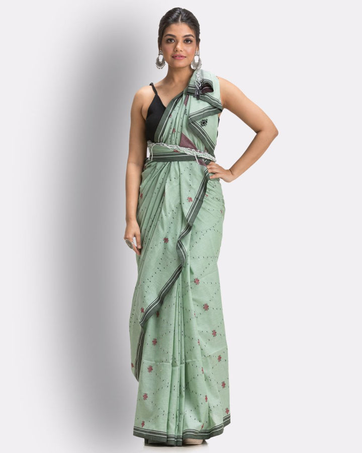 Light green celadon green handwoven cotton jamdani saree