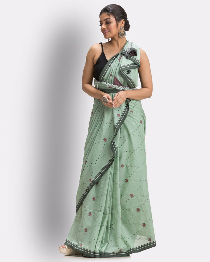 Light green celadon green handwoven cotton jamdani saree