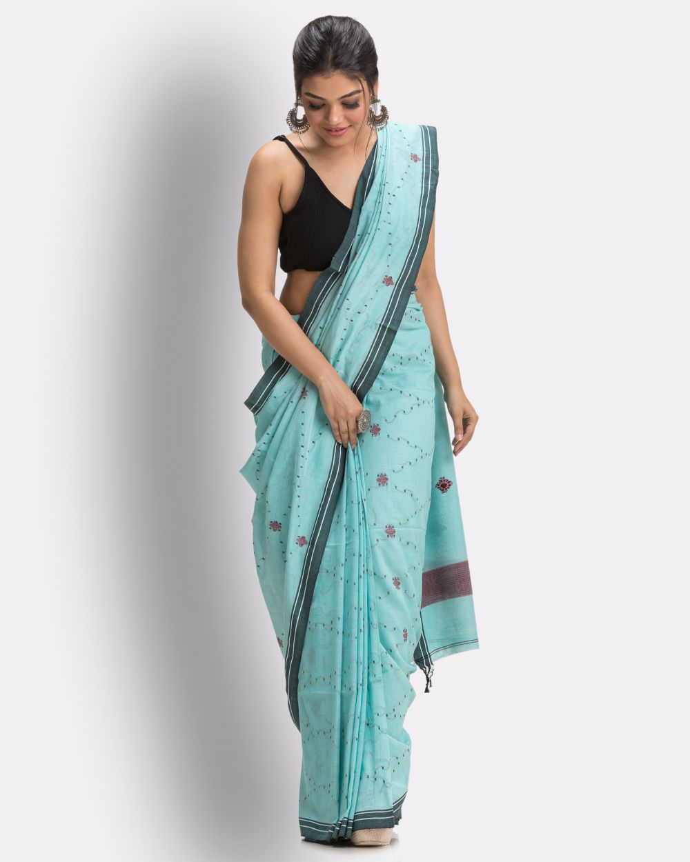 Sky blue handwoven cotton jamdani saree