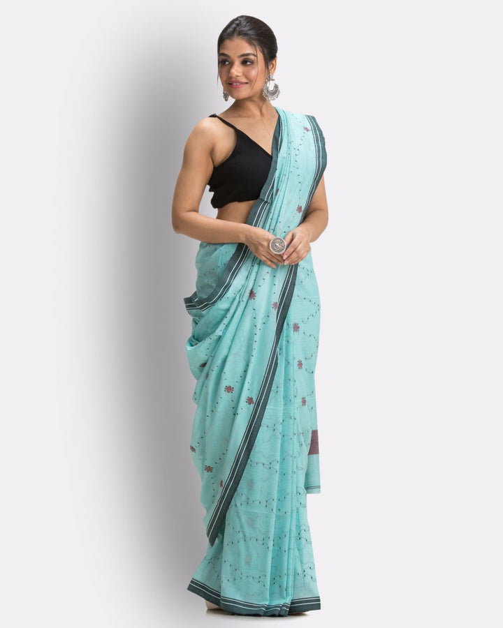 Sky blue handwoven cotton jamdani saree