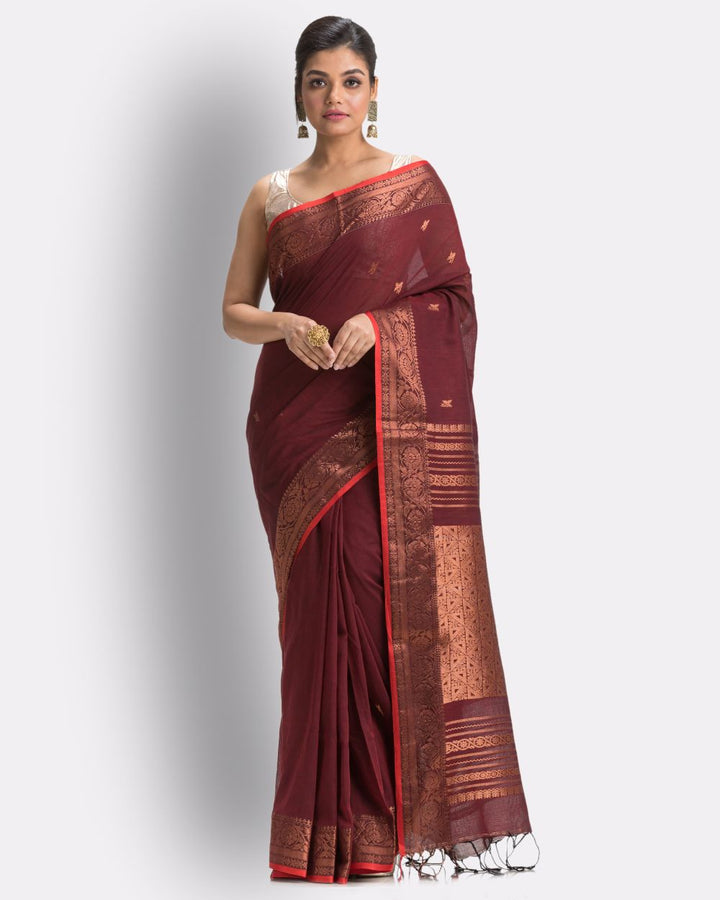 Maroon red handwoven cotton bengal saree
