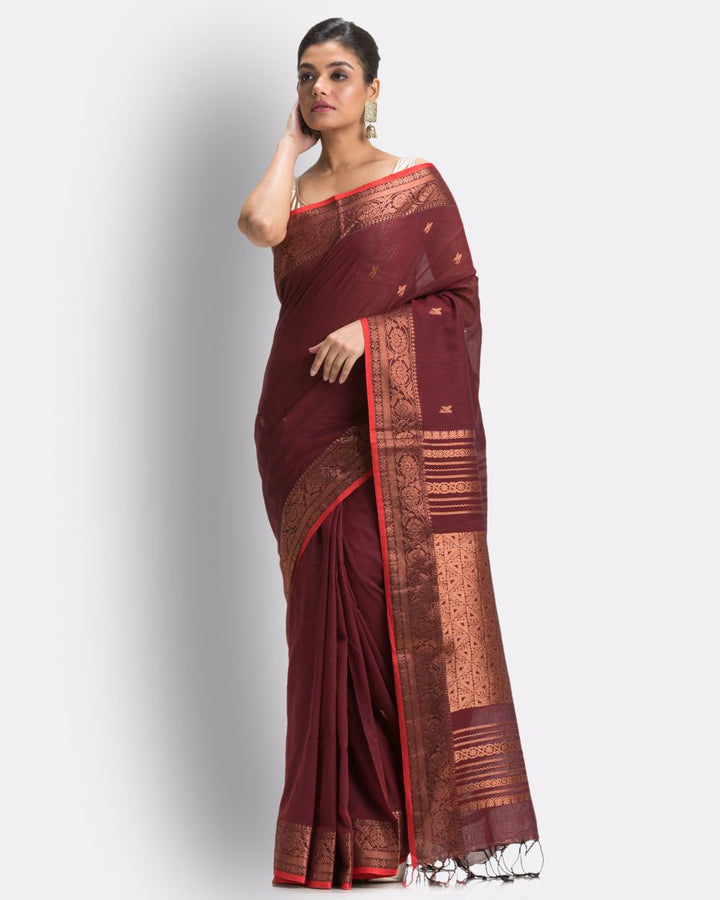 Maroon red handwoven cotton bengal saree