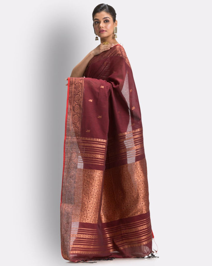 Maroon red handwoven cotton bengal saree