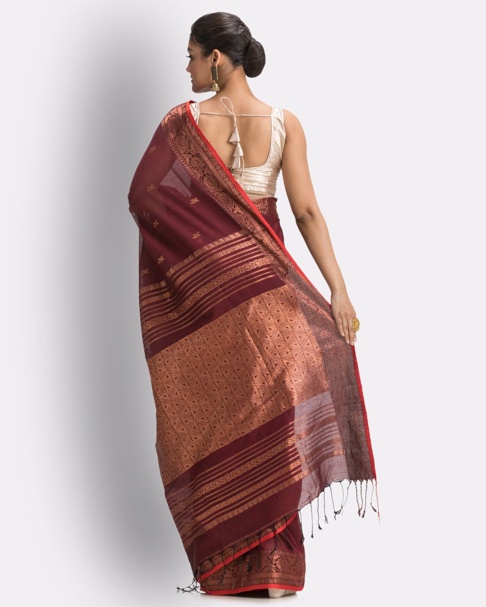 Maroon red handwoven cotton bengal saree