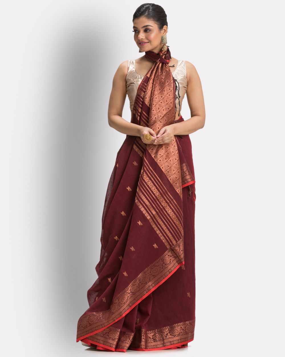Maroon red handwoven cotton bengal saree