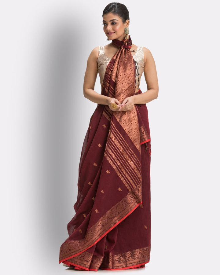 Maroon red handwoven cotton bengal saree