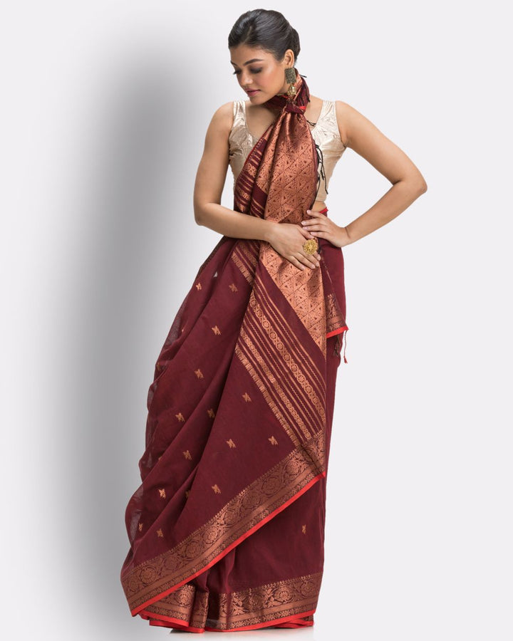 Maroon red handwoven cotton bengal saree