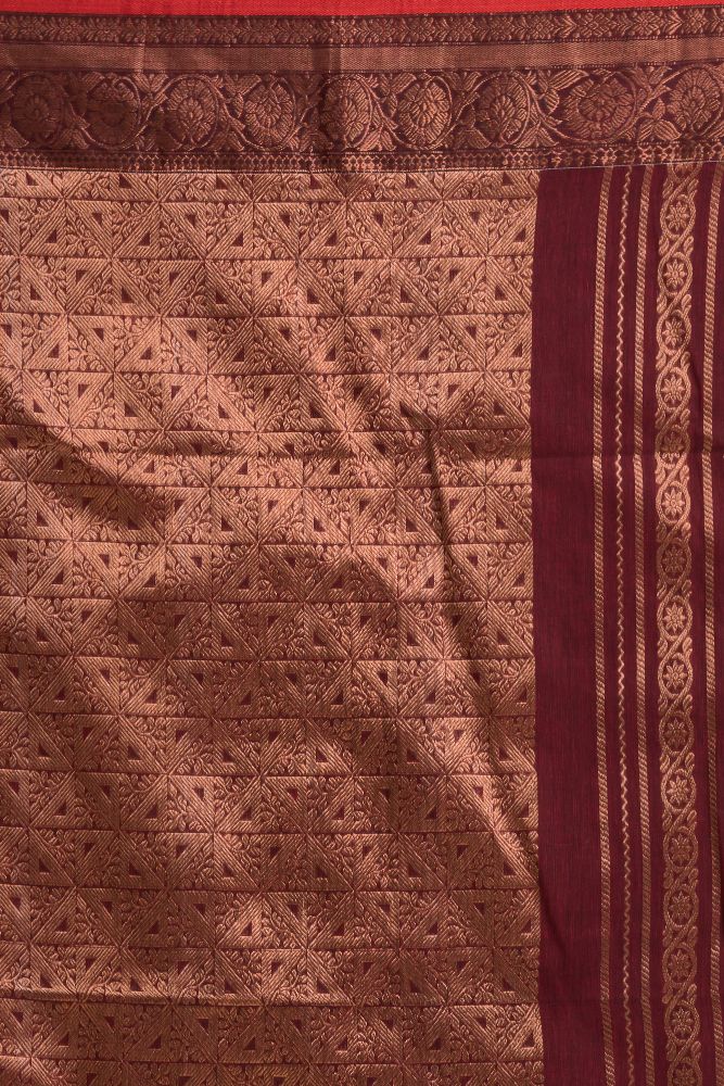 Maroon red handwoven cotton bengal saree