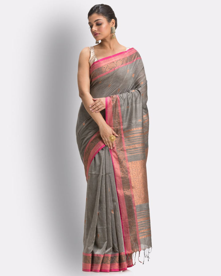 Grey pink handwoven cotton bengal saree
