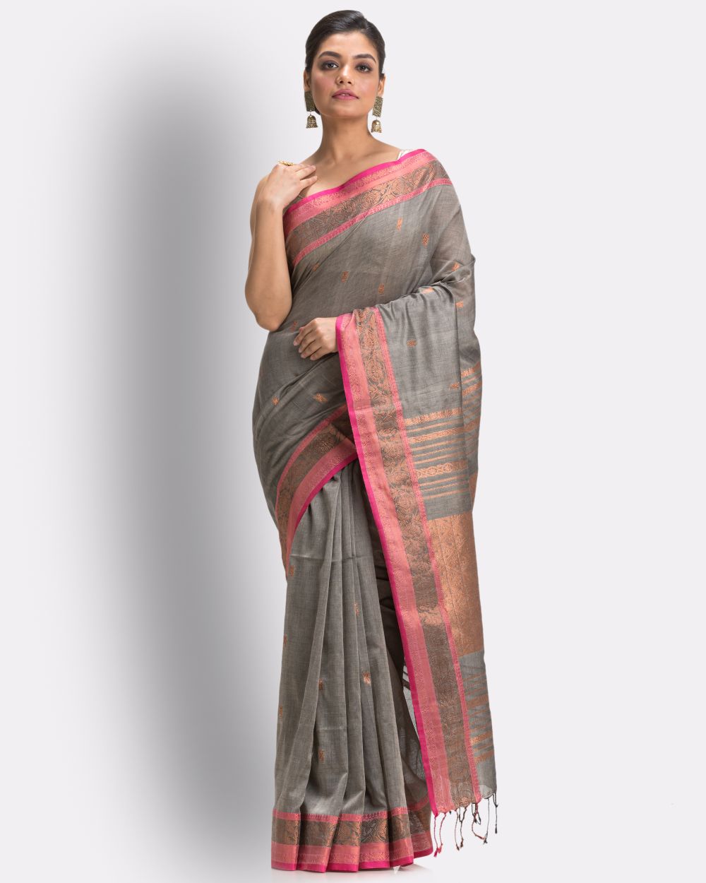 Grey pink handwoven cotton bengal saree