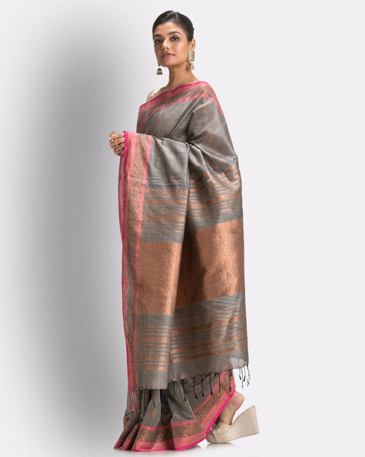 Grey pink handwoven cotton bengal saree