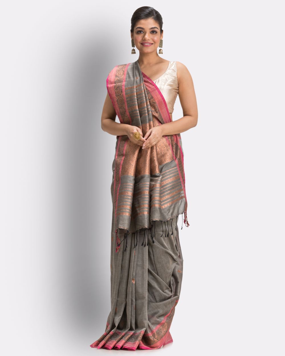 Grey pink handwoven cotton bengal saree