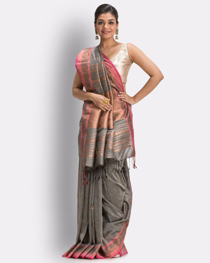 Grey pink handwoven cotton bengal saree