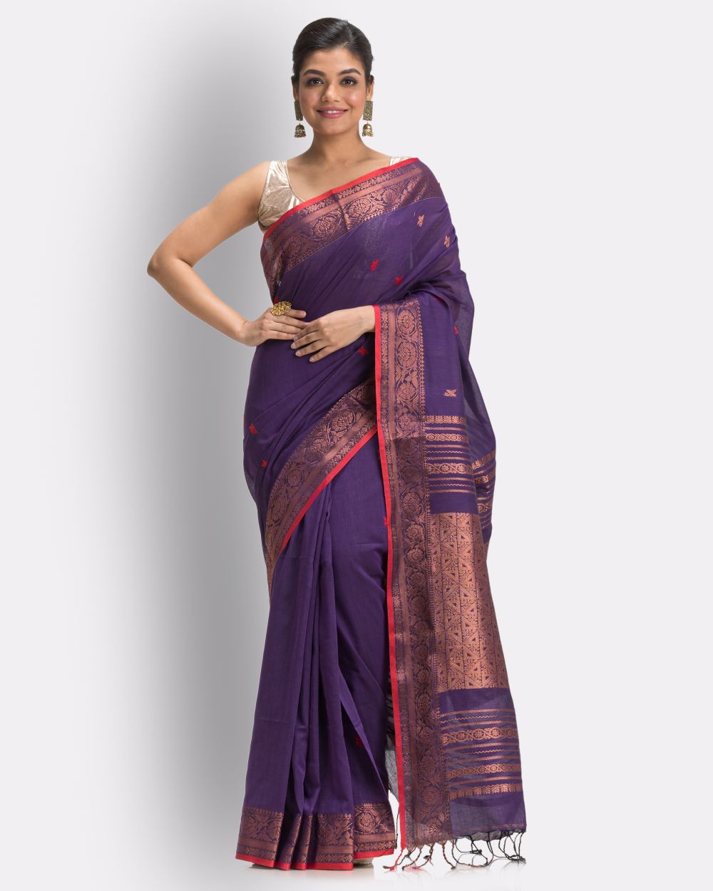 Violet red handwoven cotton bengal saree