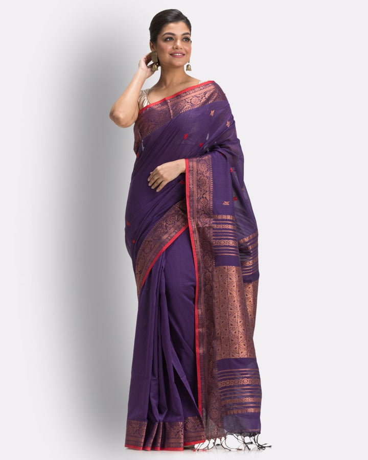 Violet red handwoven cotton bengal saree