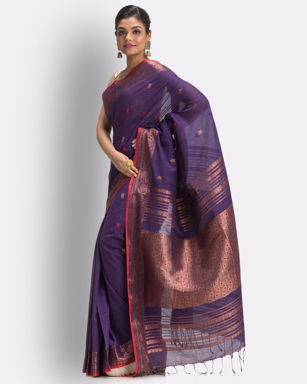 Violet red handwoven cotton bengal saree