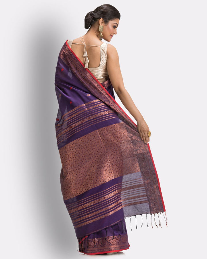 Violet red handwoven cotton bengal saree