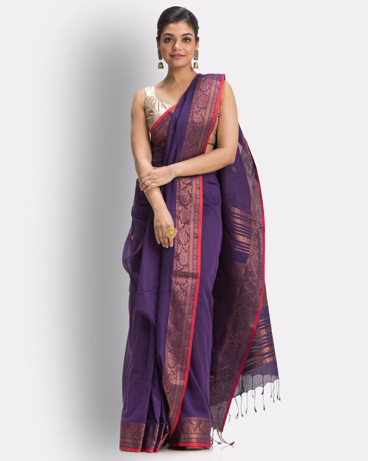 Violet red handwoven cotton bengal saree