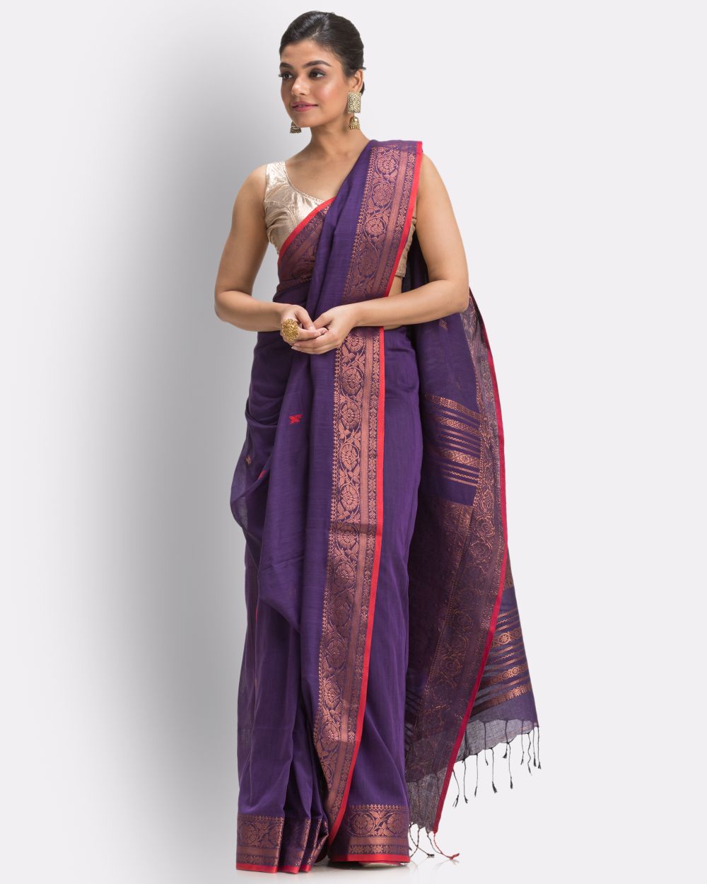 Violet red handwoven cotton bengal saree