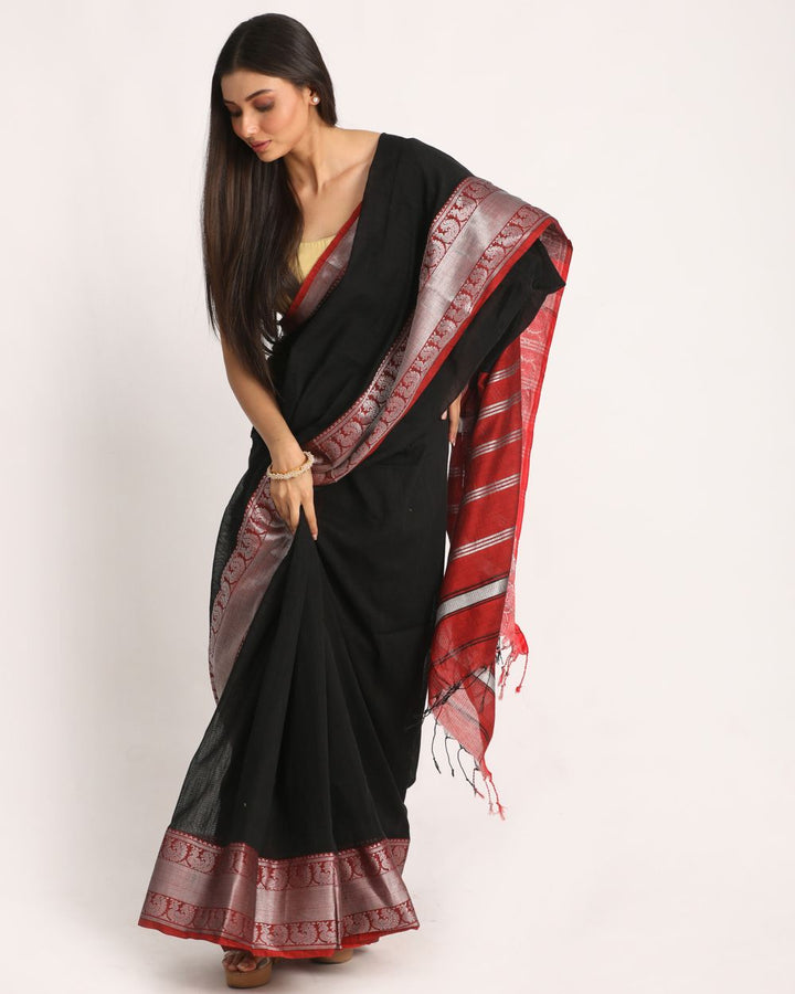 Black red handwoven cotton bengal saree