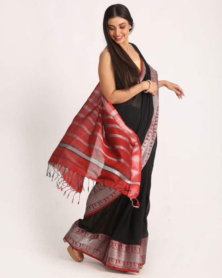 Black red handwoven cotton bengal saree