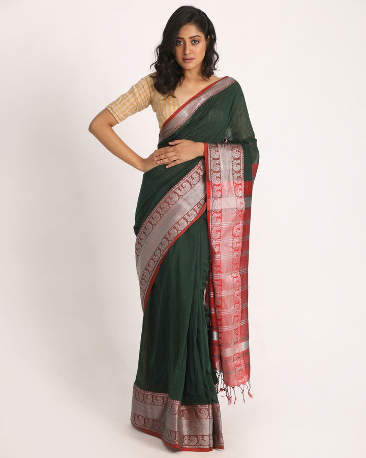 Dark green red handwoven cotton bengal saree