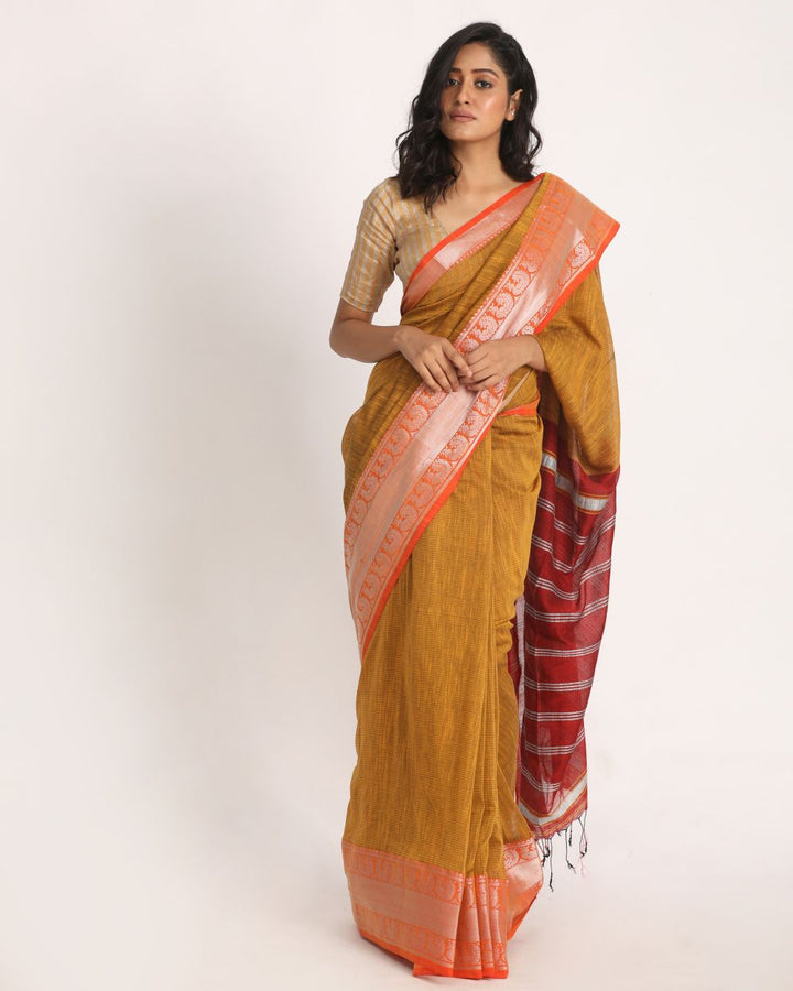 mustard and Red handwoven cotton bengal saree
