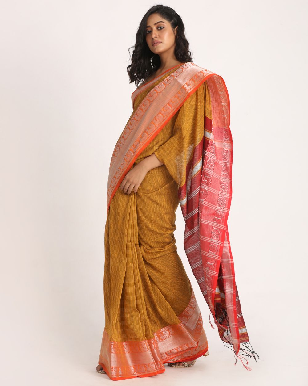mustard and Red handwoven cotton bengal saree