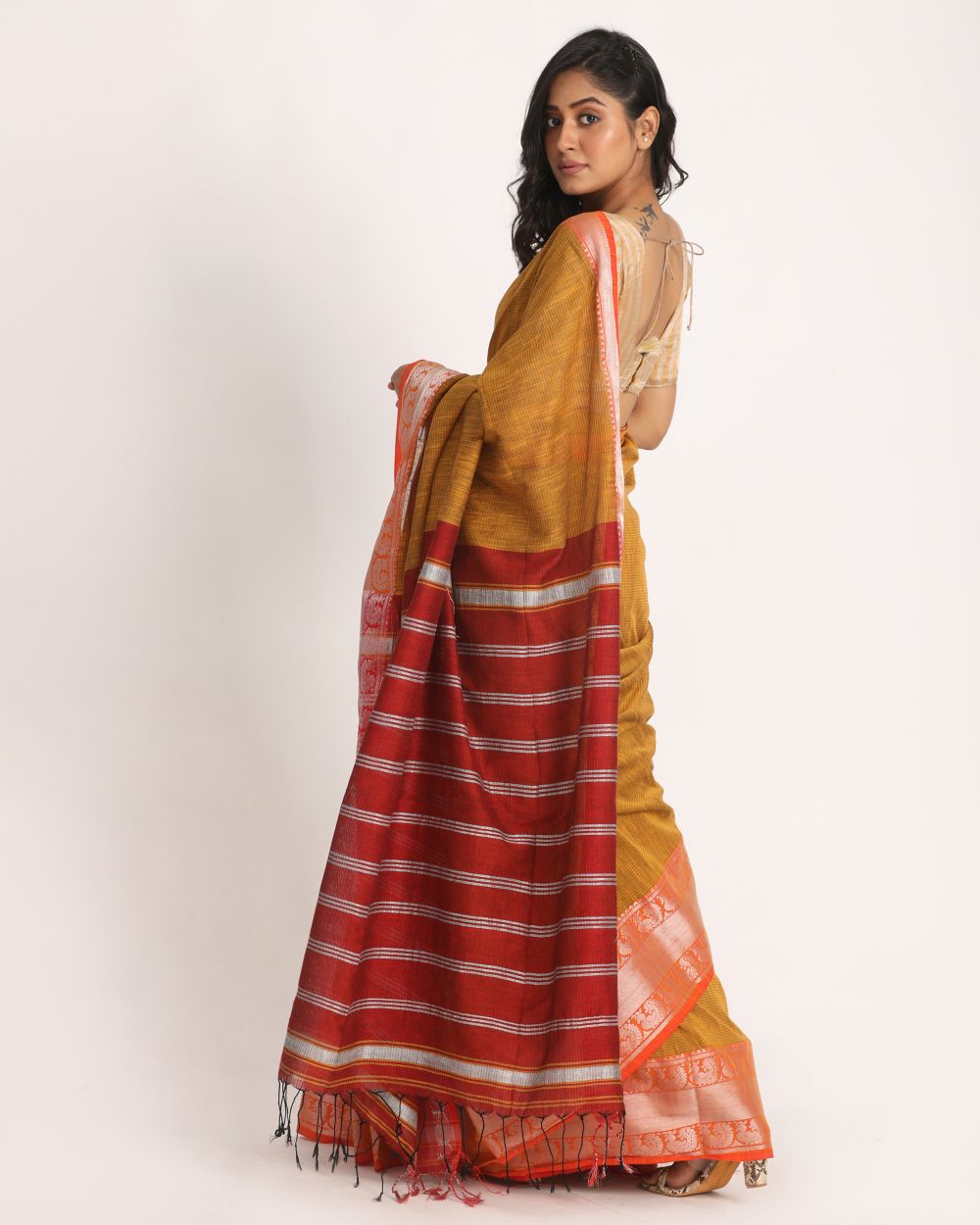 mustard and Red handwoven cotton bengal saree