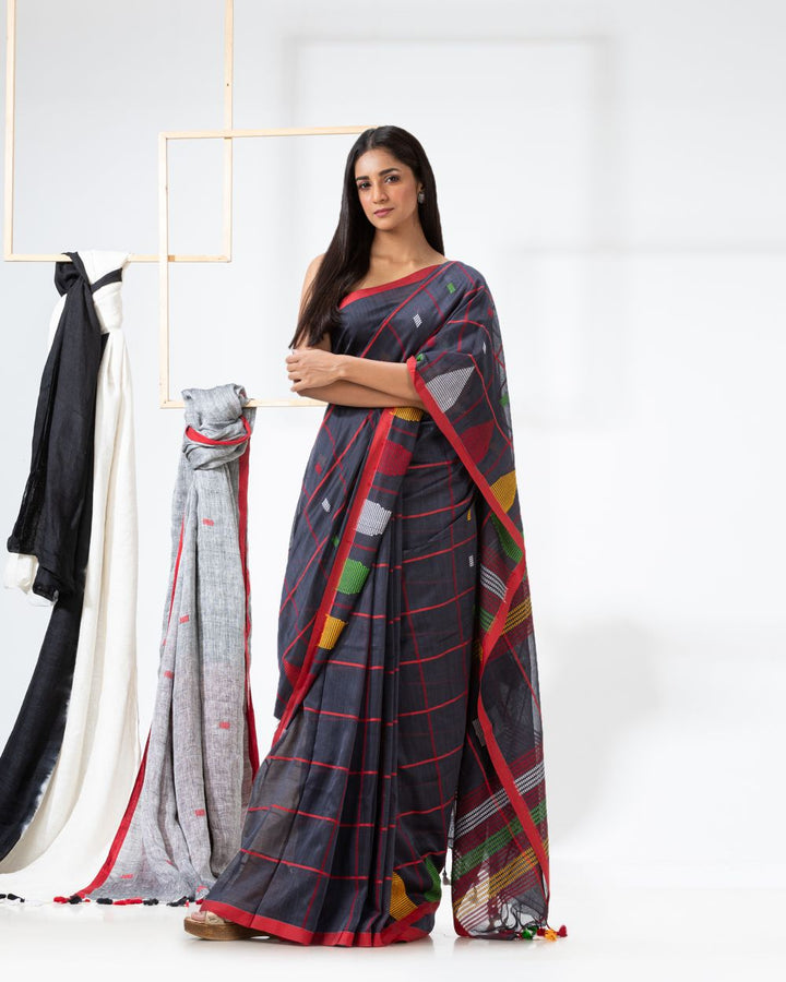 Payne grey handwoven cotton jamdani saree
