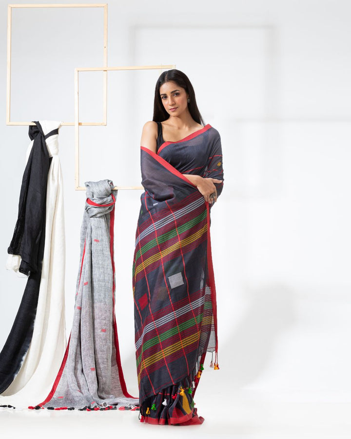 Payne grey handwoven cotton jamdani saree