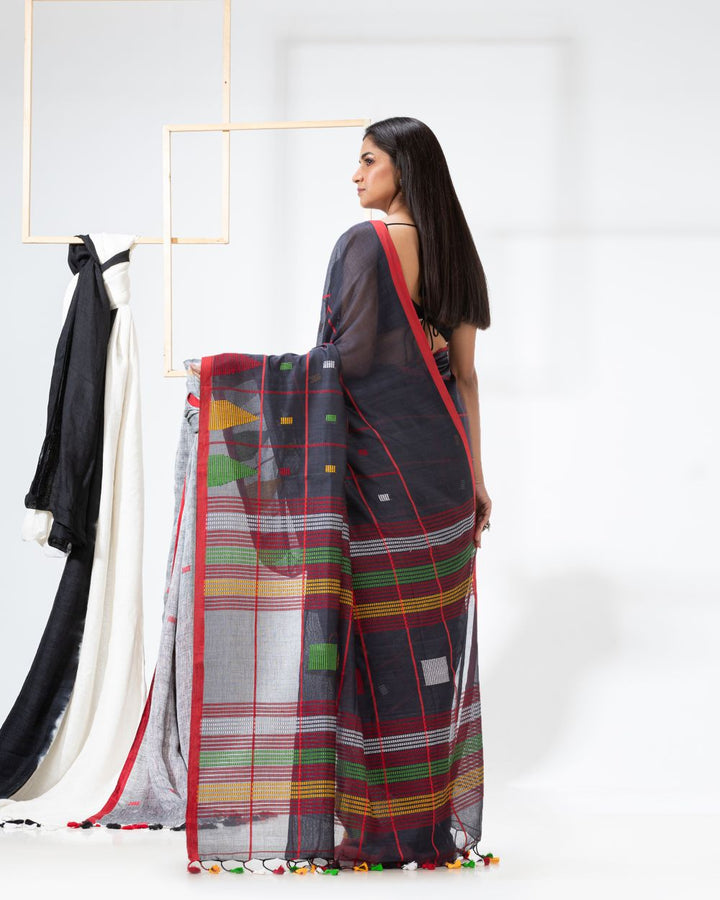 Payne grey handwoven cotton jamdani saree