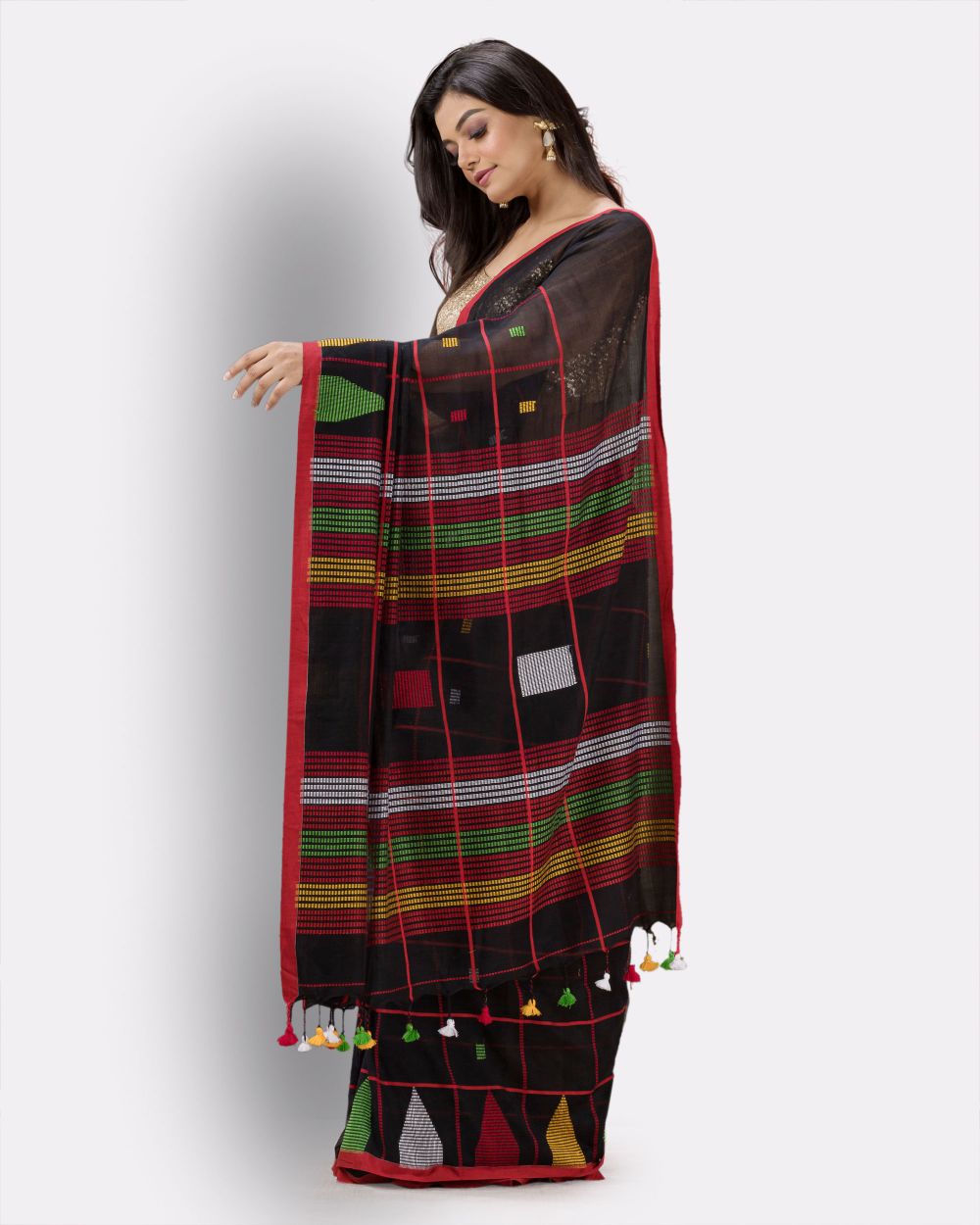 Black box checks handwoven cotton jamdani saree