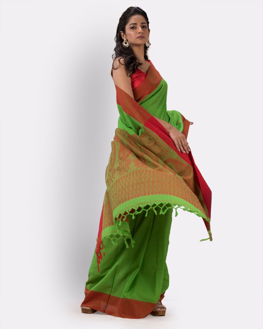 Parrot green and red handwoven cotton bengal saree
