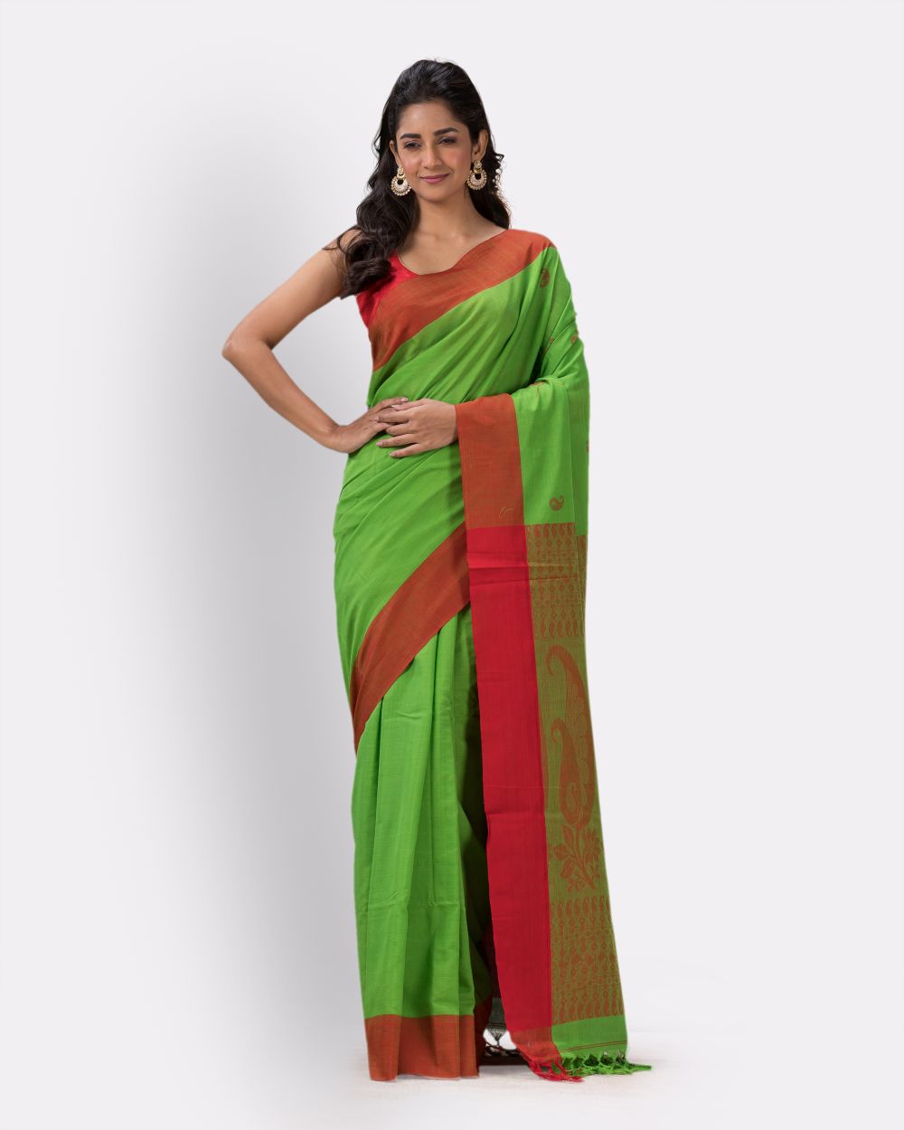 Parrot green and red handwoven cotton bengal saree