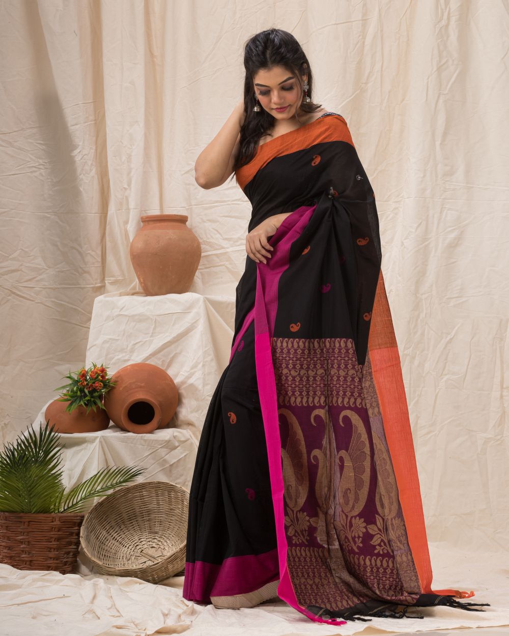 Black bengal handwoven cotton saree