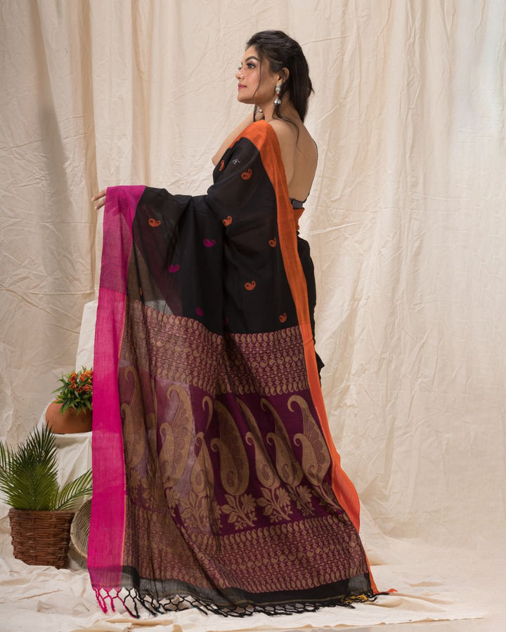 Black bengal handwoven cotton saree