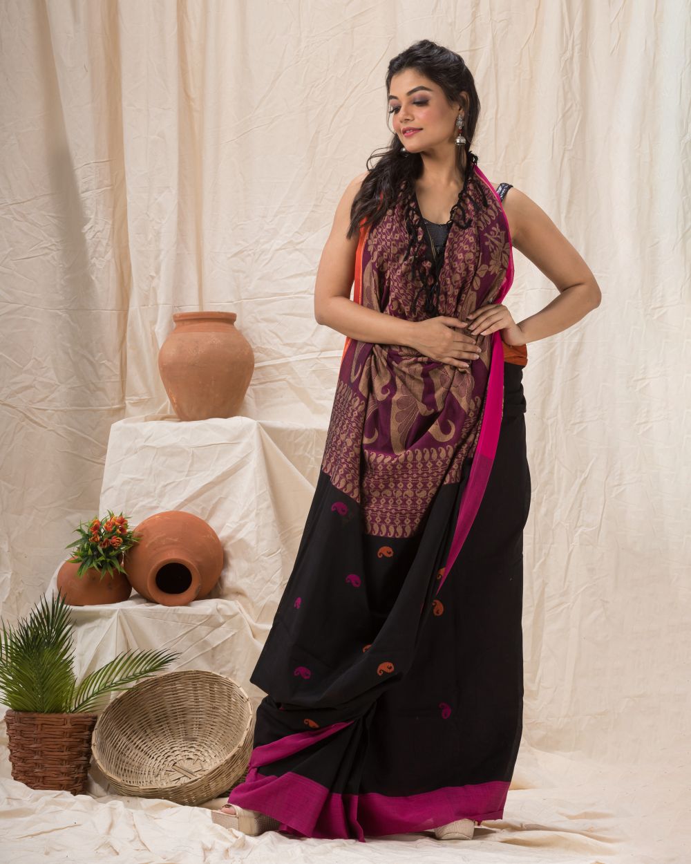 Black bengal handwoven cotton saree