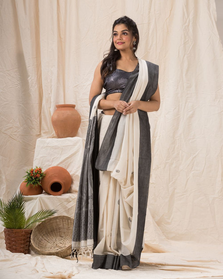 Off white bengal handwoven cotton saree