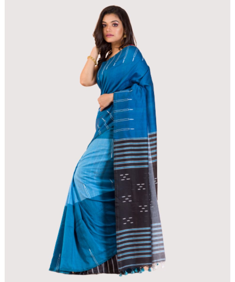 Cyan blue handwoven bengal cotton saree