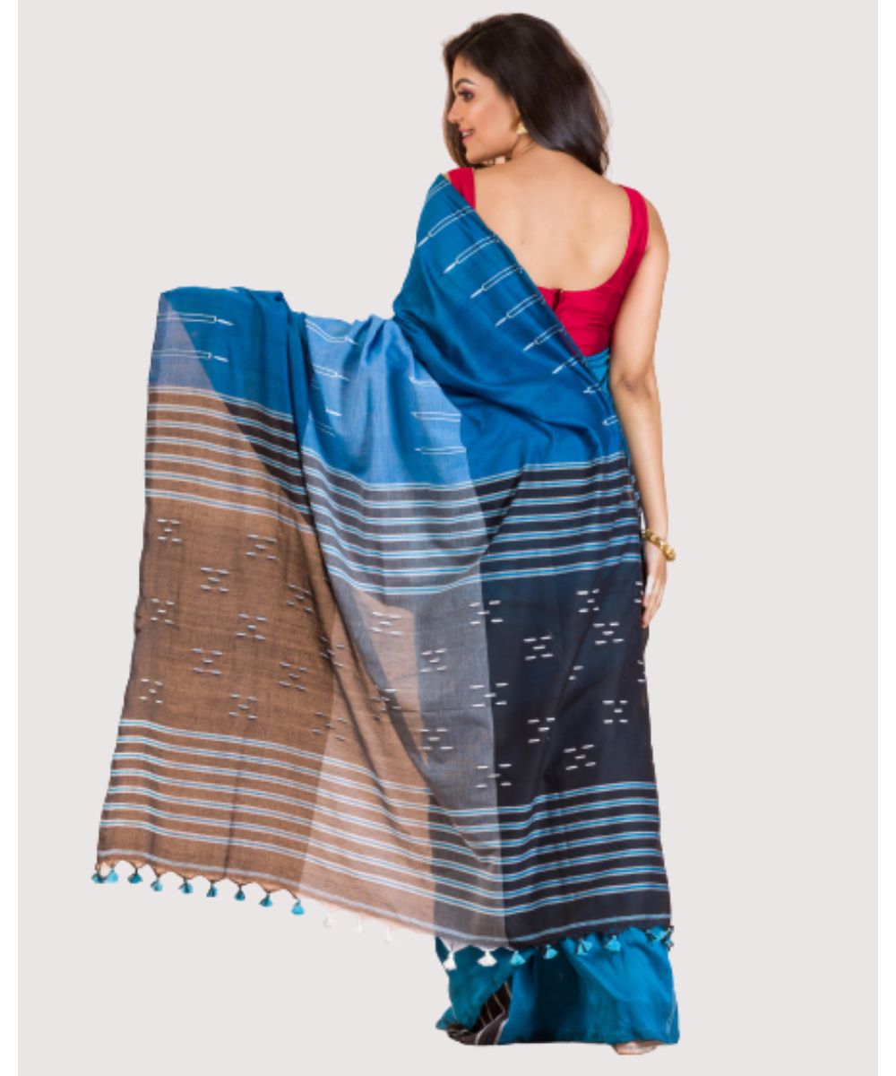 Cyan blue handwoven bengal cotton saree