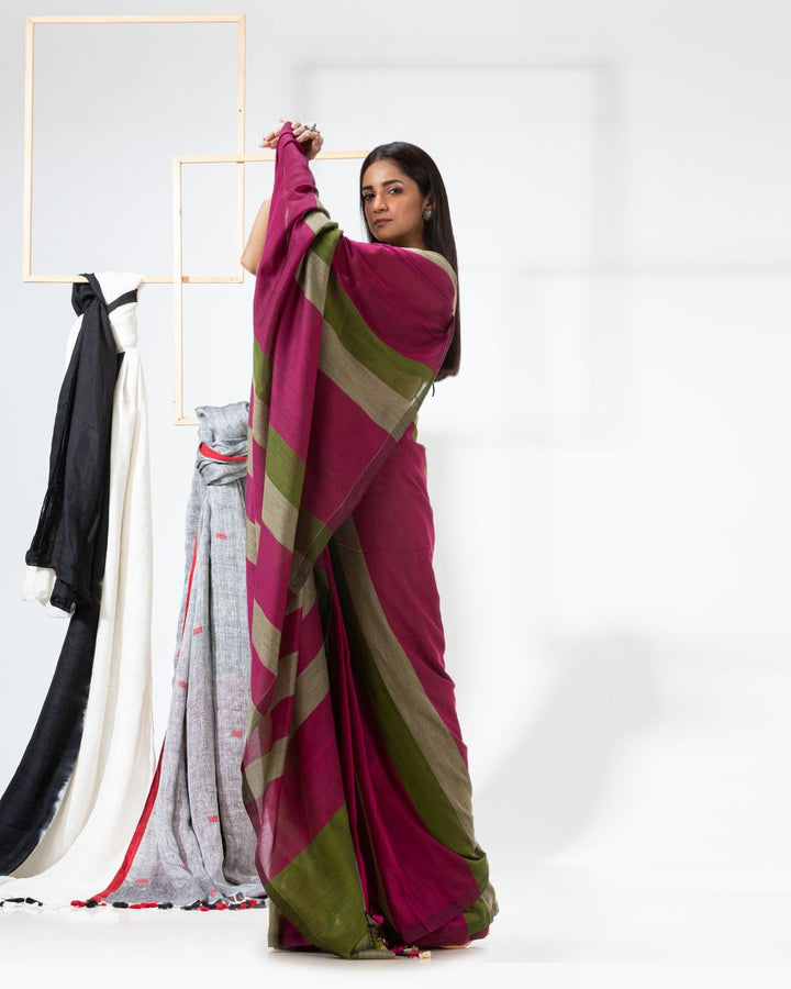 Magenta stripes handspun handwoven cotton bengal saree