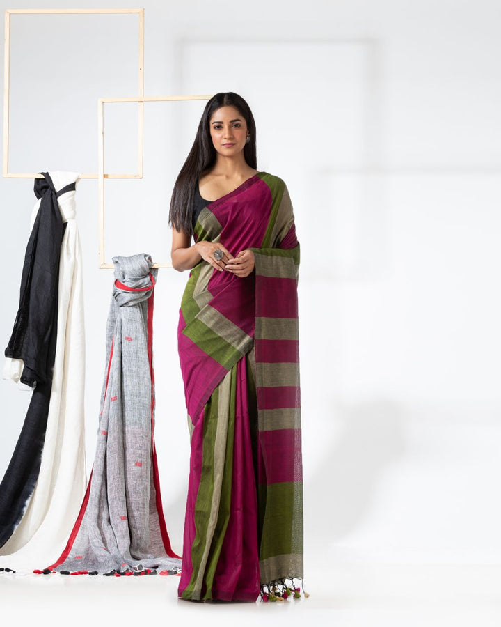 Magenta stripes handspun handwoven cotton bengal saree