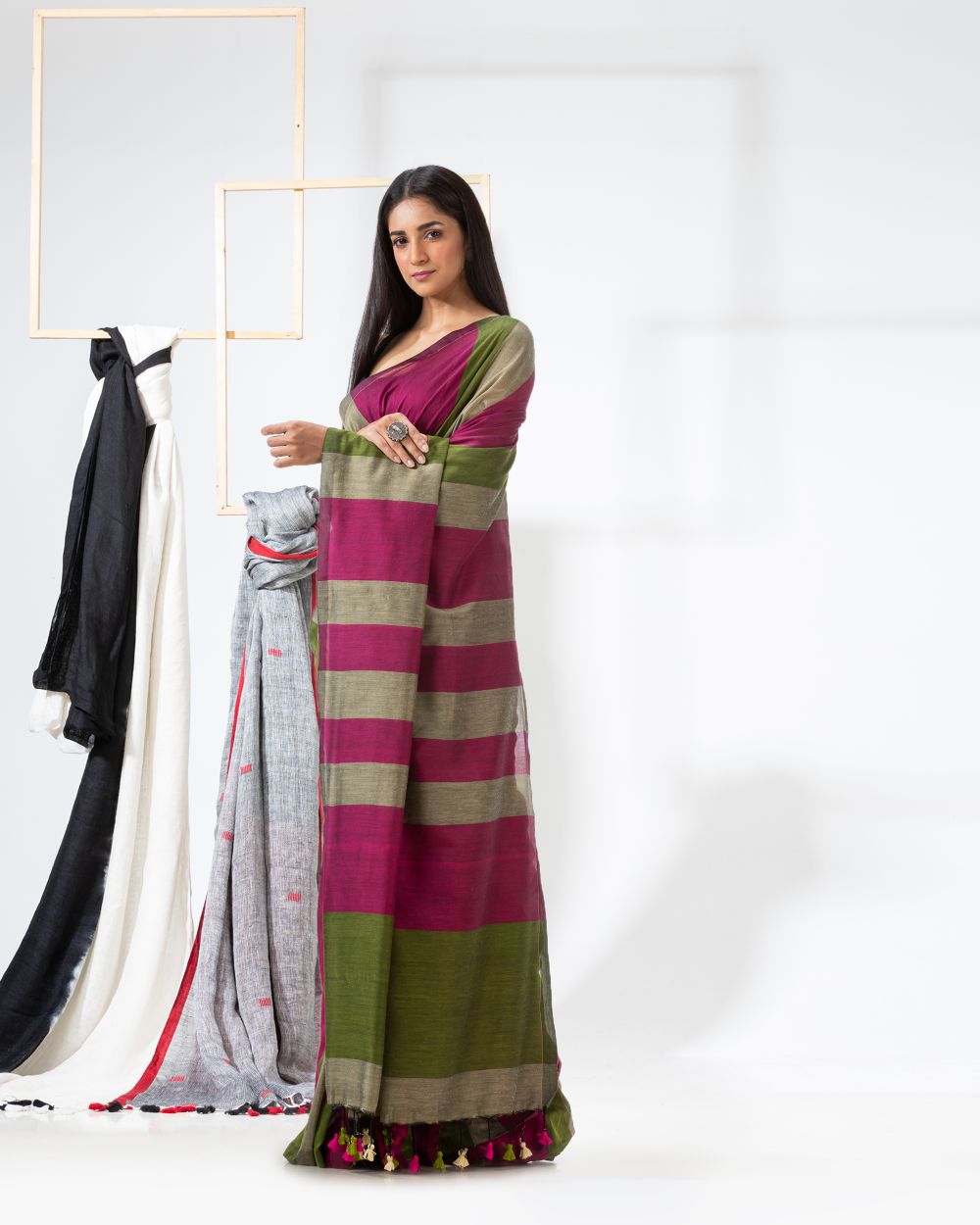 Magenta stripes handspun handwoven cotton bengal saree