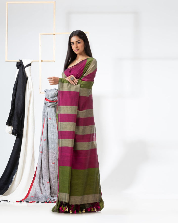 Magenta stripes handspun handwoven cotton bengal saree