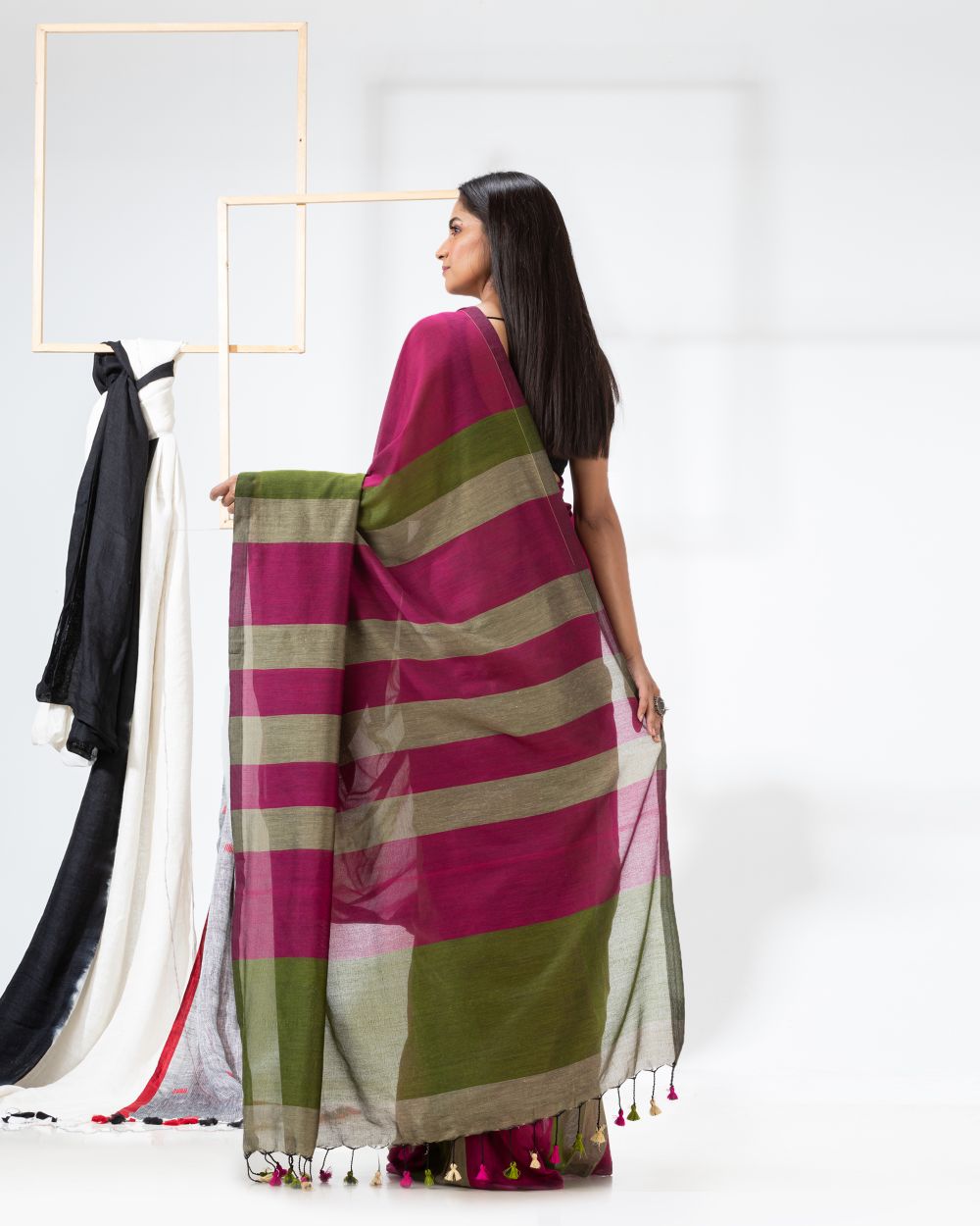 Magenta stripes handspun handwoven cotton bengal saree